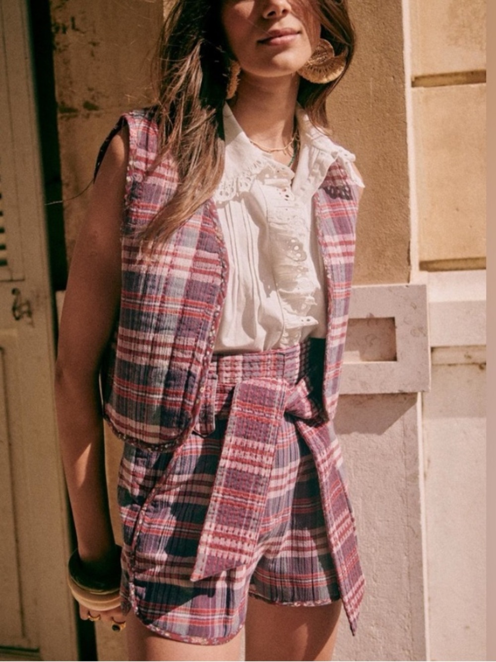SEZANE Island Shorts - Size 38 / US 6 (Pink Red New Jersey Check) - Picture 2 of 8